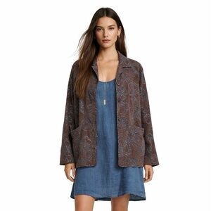 Flax Corduroy Jacket S Brown Floral Embroidered Lagenlook Boho Cotton Blazer